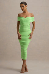 Unwrapped | Light Green Ruched Twist Bardot Midi Dress
