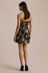 Valeri | Black Velvet Bandeau Mini Dress With Bronze Floral Sequin