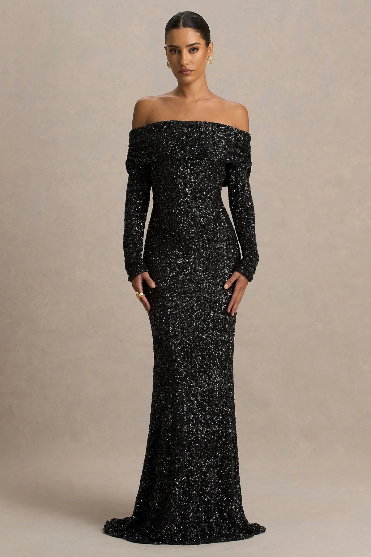 Obsession | Black Sequin Bardot-Neck Maxi Dress With Long Sleeves