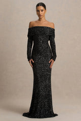 Obsession | Black Sequin Bardot-Neck Maxi Dress With Long Sleeves