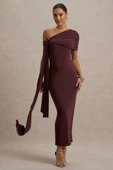 Praia | Burgundy Asymmetric-Neck Midi Dress With Sash and Draped Detailing