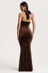 Lavernia | Brown Velvet Halter-Neck Maxi Dress With Gathered-Detailing