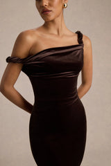 Carella | Brown Velvet Twisted Asymmetric Midi Dress