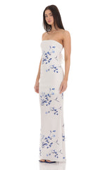 Floral Back Bow Strapless Maxi Dress in White