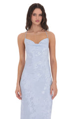 Floral Jacqaurd Cowl Neck Maxi Dress in Light Blue