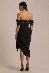 Sylvia | Black Hand-Embellished Bardot-Neck Midi Dress With Draped Satin-Wrap Skirt