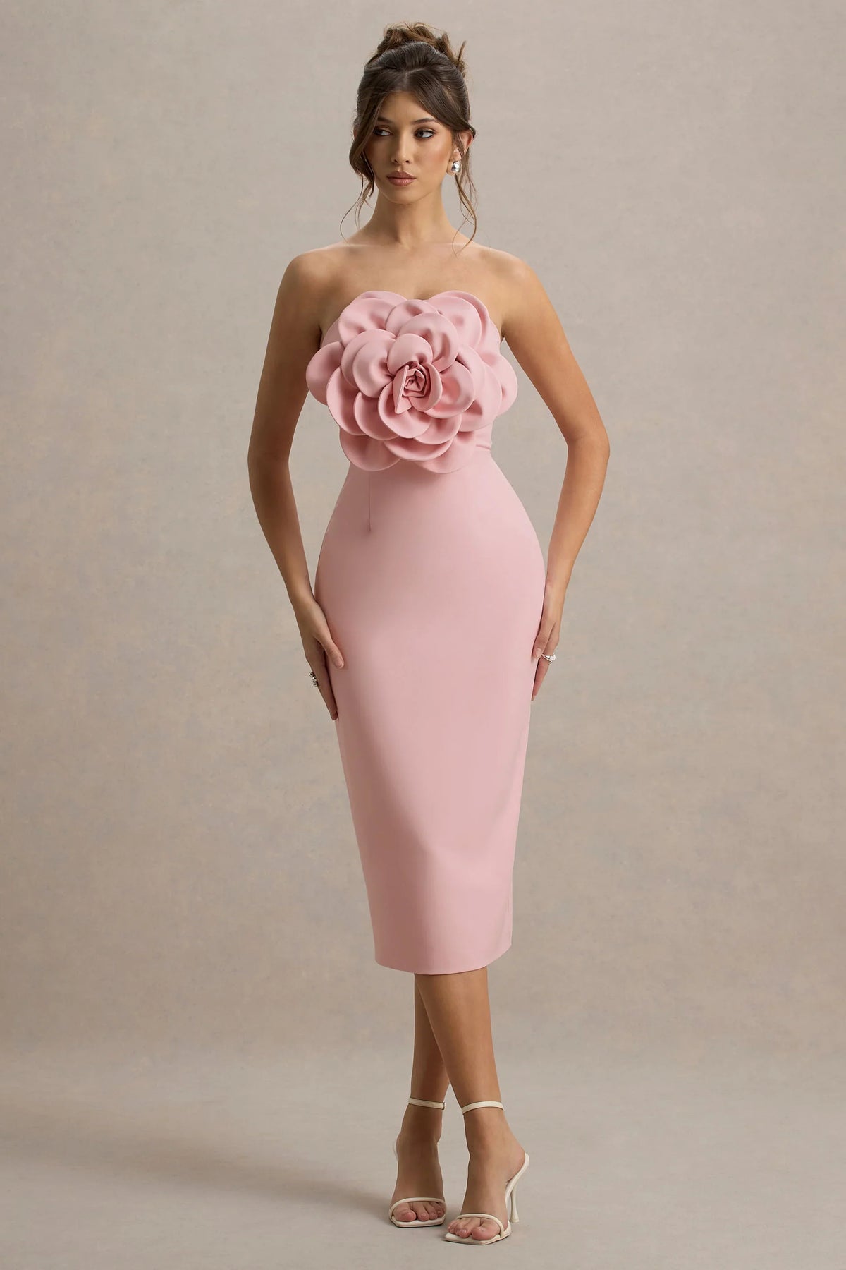 Phina | Pale Pink Bodycon Midi Dress With Large Floral Corsages