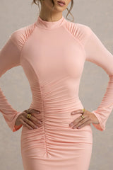 Cassandra | Pink High-Neck Long-Sleeve Midi Dress