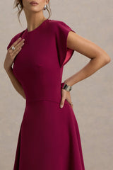 Linda | Dark Cherry Crew-Neck Cap-Sleeve Midi Dress