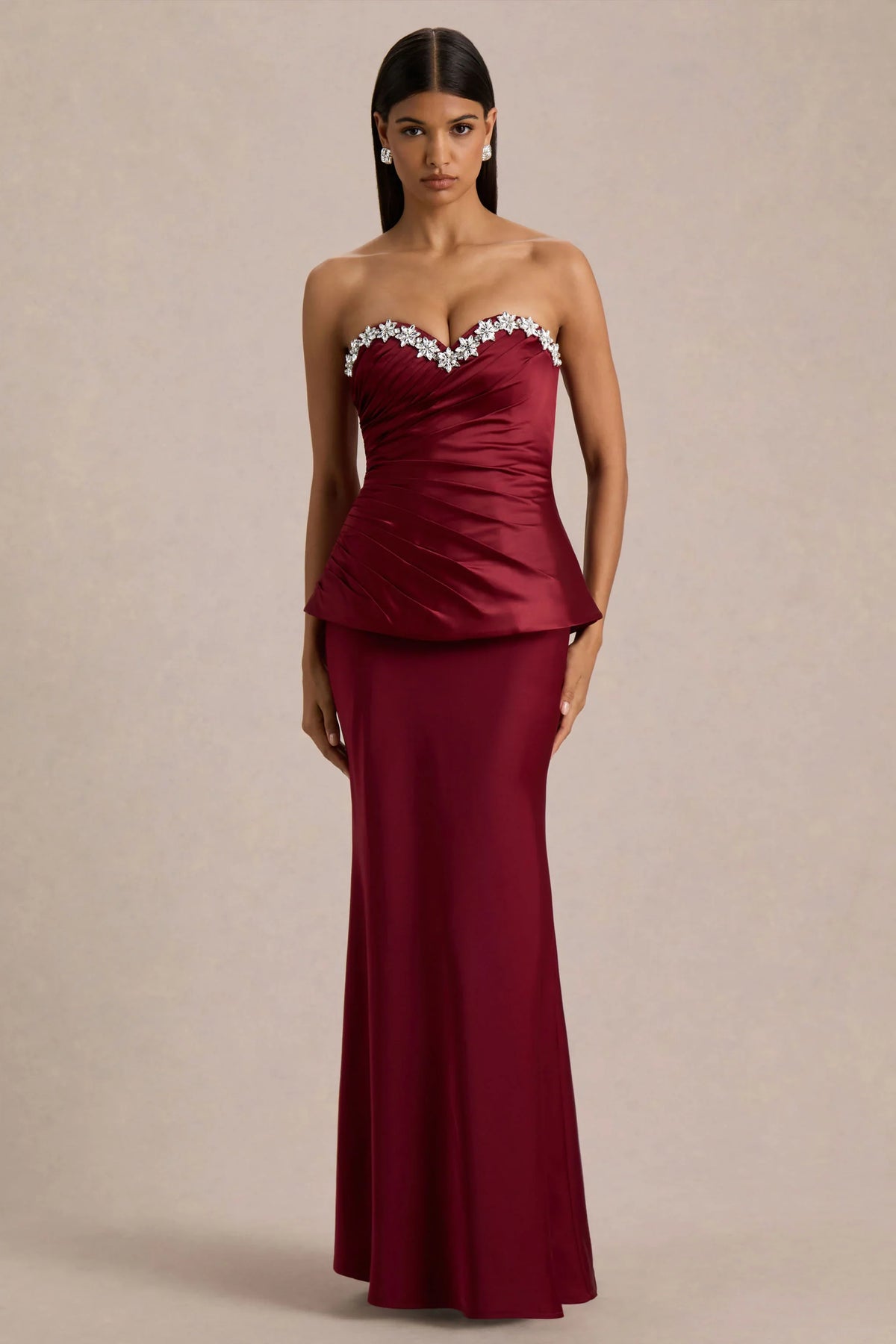 Milia | Burgundy Satin Hand-Embellished Strapless Corset Maxi Dress