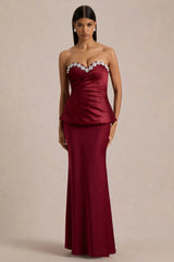 Milia | Burgundy Satin Hand-Embellished Strapless Corset Maxi Dress