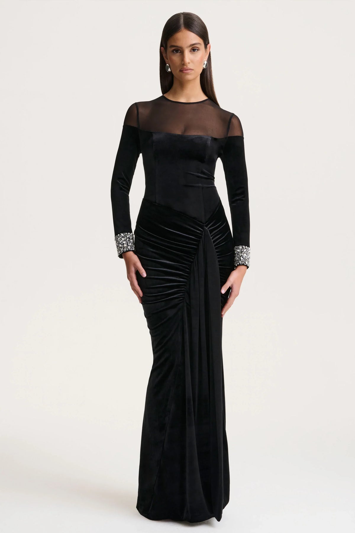 Perrin | Black Velvet Crew-Neck Maxi Dress With Embellished Cuffs