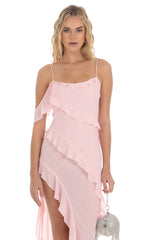 Chiffon Ruffle Maxi Dress in Pink