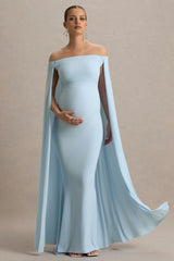 Radiance | Powder Blue Bardot Maternity Maxi Dress With Cape