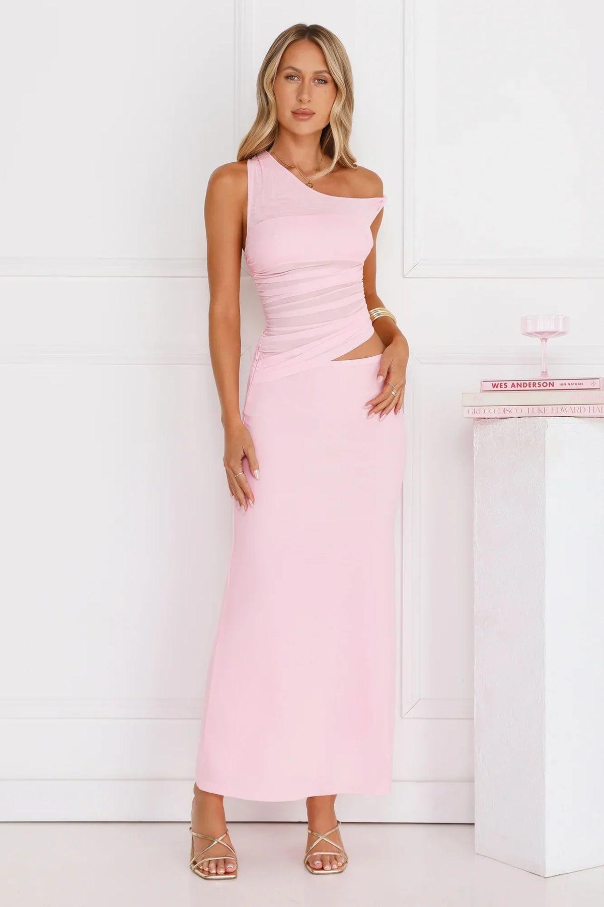 Everyday Pretty Off Shoulder Mesh Maxi Dress Pink