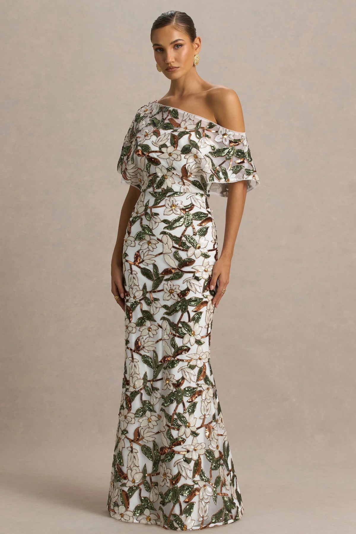 Iony | White And Green Sequin Floral And Mesh Asymmetric-Neck Maxi Dress