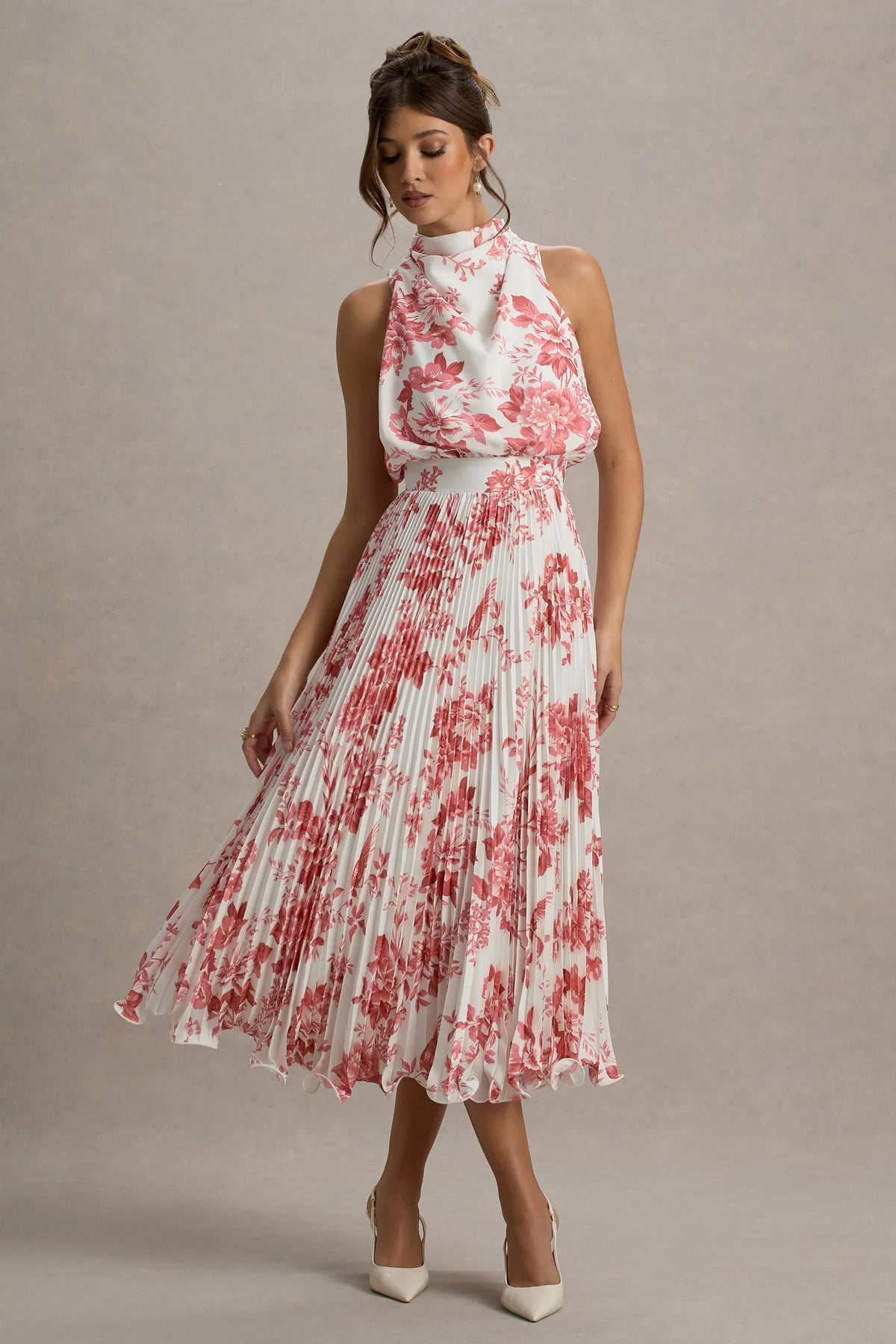 Nila | Pink Porcelain Print Cowl-Neck Midi Dress With Plisse Skirt