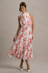 Nila | Pink Porcelain Print Cowl-Neck Midi Dress With Plisse Skirt