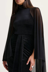 Adoring | Black Velvet High-Neck Maxi Dress With Cape