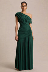 Kady | Dark Green Asymmetric-Neck Maxi Dress With Ruched Detailing