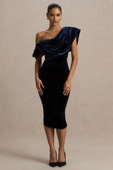 High End | Navy Velvet Asymmetric-Neck Midi Dress With Draped Detailing