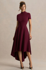 Bellona | Burgundy High-Neck High-Low Midi Dress