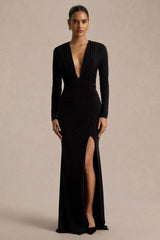 Command | Black Plunge-Neck Maxi Dress With Front-High Split