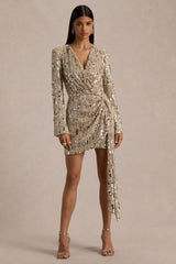Carmina | Gold Sequin Plunge-Neck Wrap Mini Dress With Sash Detail