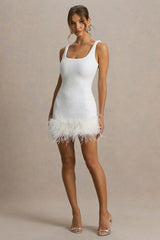 Rosalinda | White Sequin Square-Neck Mini Dress With Feather Trim