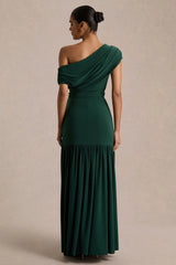 Kady | Dark Green Asymmetric-Neck Maxi Dress With Ruched Detailing