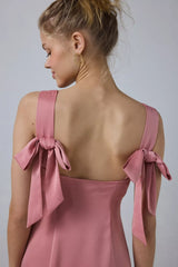 UO Bri Double Bow Satin Mini Dress Cinder Rose