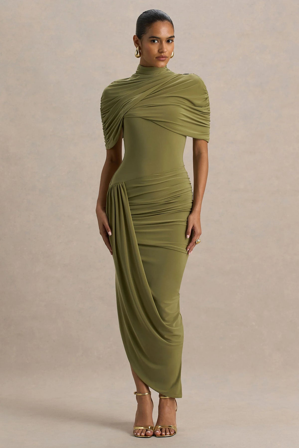 Enchant | Olive Asymmetric Twisted Cape Midi Dress