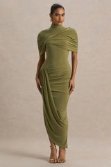 Enchant | Olive Asymmetric Twisted Cape Midi Dress