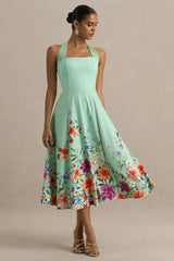 Auburn | Mint Placement Floral Halter-Neck Midi Dress