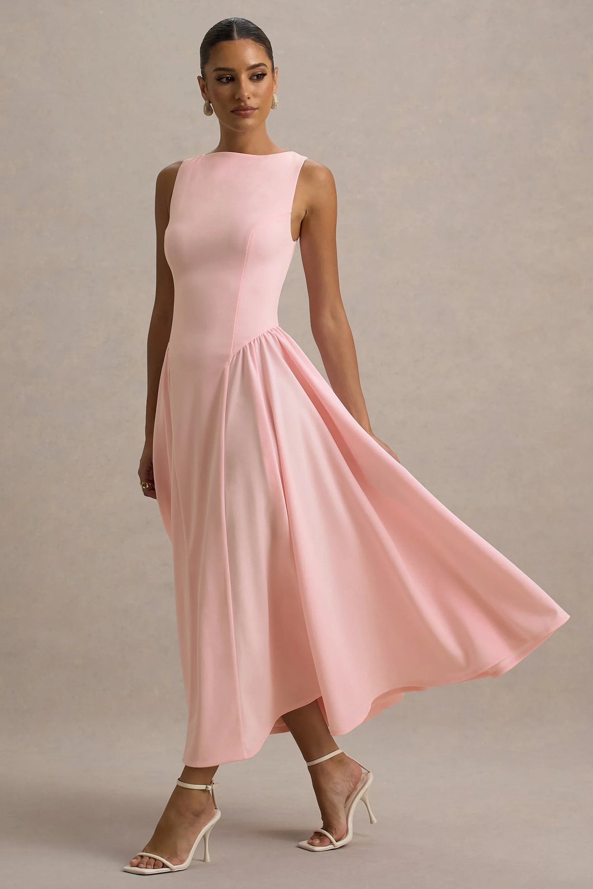 Muriel | Pink Boat-Neck Volume-Hem Midi Dress