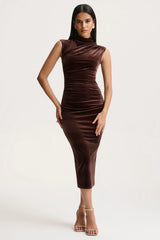 Novine | Brown Velvet High-Neck Midi Dress
