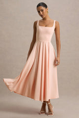 Parina | Pink Strappy Volume-Hem Midi Dress