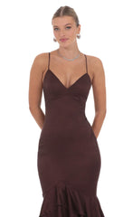Satin Ruffle Fishtail Maxi Dress in Brown