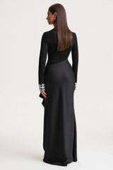 Starred | Black High-Neck Maxi Dress With Satin Wrap-Skirt And Embellished Cuffs