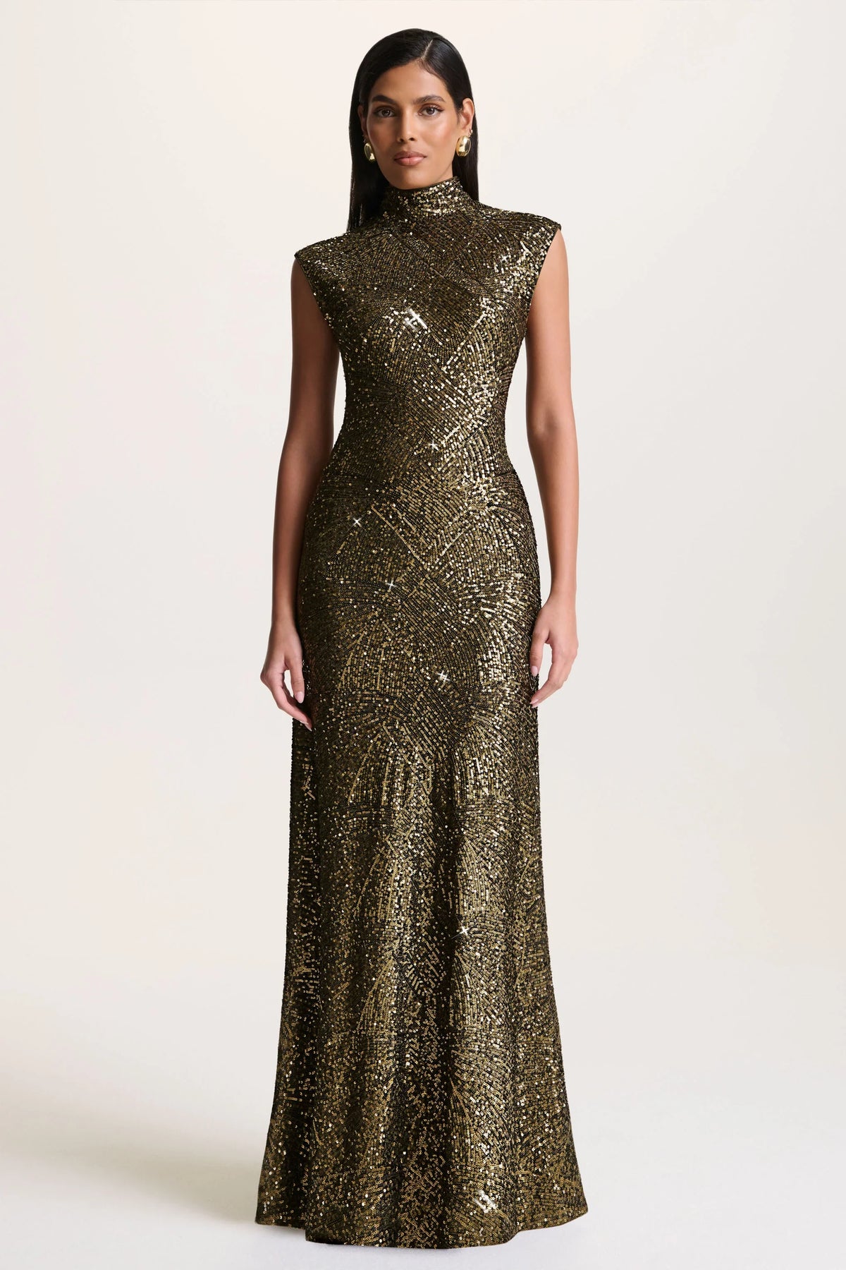 Cecy | Khaki Sequin High-Neck Maxi Dress With Cap Sleeves