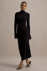 Cassandra | Black High-Neck Long-Sleeve Midi Dress