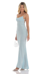 Satin Open Back Maxi Dress in Light Blue