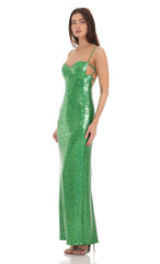 Sequin Open Back Maxi Dress in Green