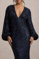 Kaelin | Navy Sequin Plunge-Neck Maxi Dress