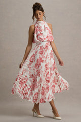 Nila | Pink Porcelain Print Cowl-Neck Midi Dress With Plisse Skirt