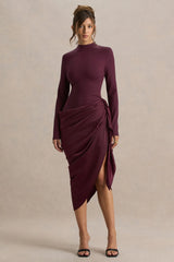 Raffie | Plum Long-Sleeve Midi Dress With Satin Wrap Skirt