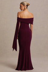 Aquila |  Burgundy Bardot Maternity Maxi Dress With Drape Sleeve