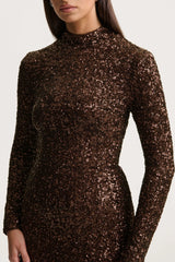 Galaxy | Brown Sequin Turtle-Neck Long-Sleeve Maxi Dress