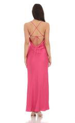 Satin Open Back Maxi Dress in Pink