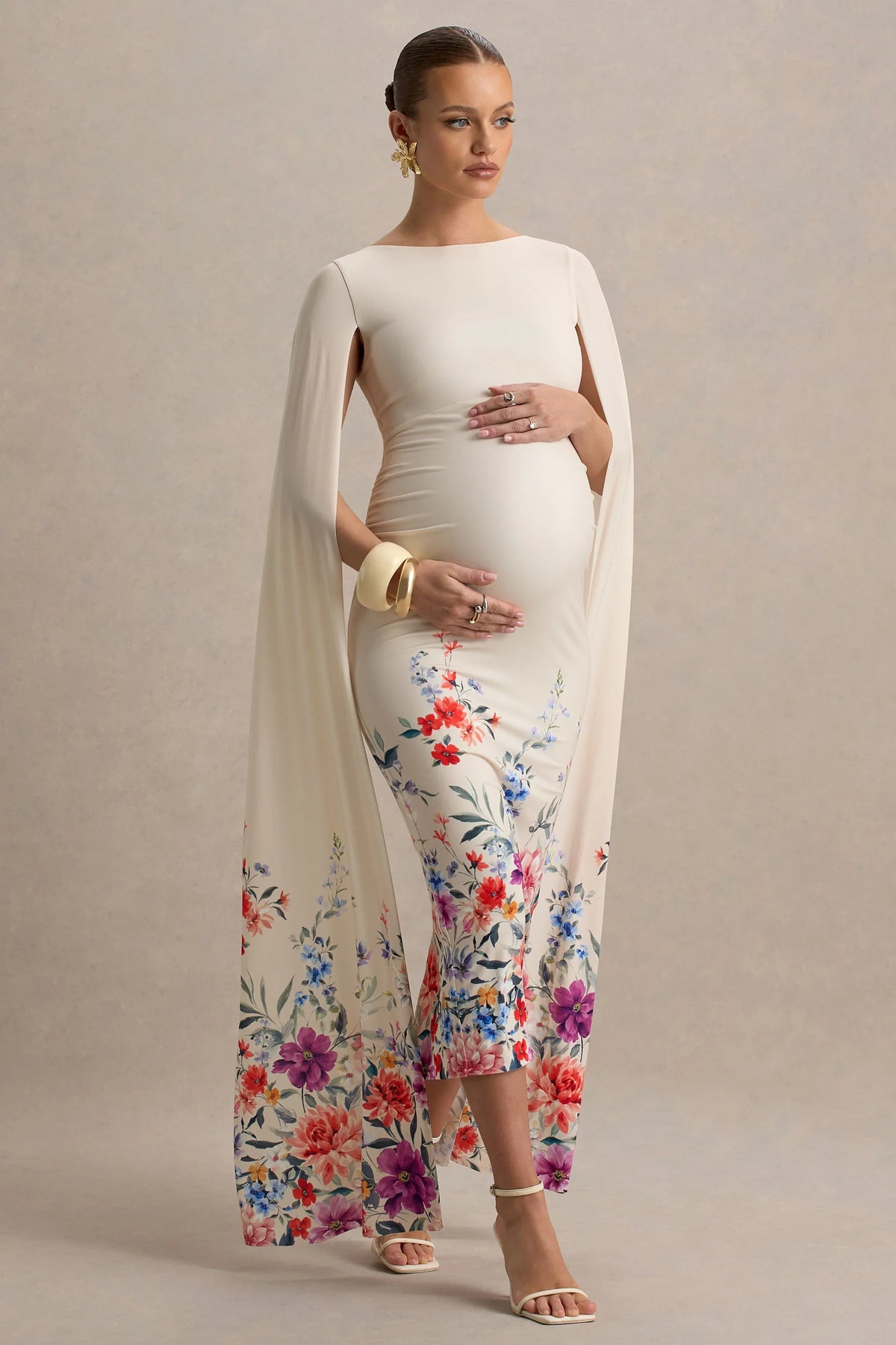 Providence | Light Pink Floral Print Boat-Neck Maternity Midi Dress With Cape Sleeves